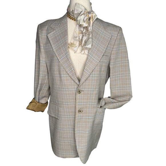 Vintage 70s plaid polyester lightweight wide lapel blazer jacket size 39R - Picture 1 of 8